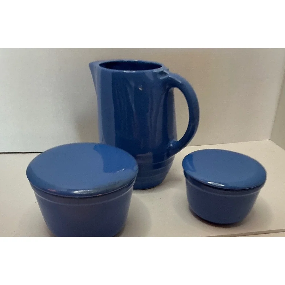 Vintage Blue Ceramic Pitcher and Lidded Bowls Set Kitchenware 3pc